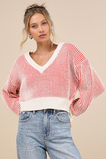 Attractively Cozy Red and White Striped V-Neck Pullover Sweater 1
