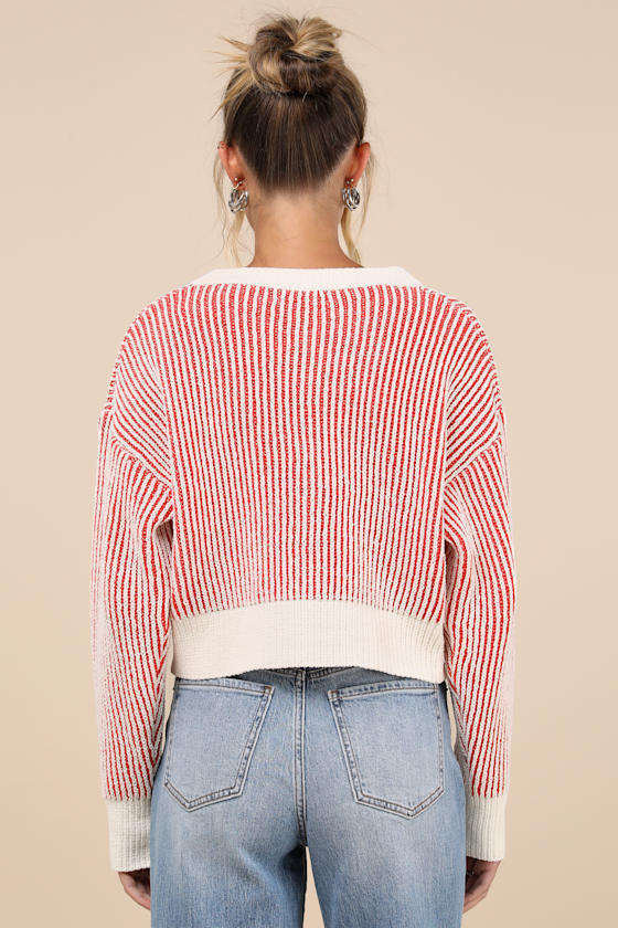 Attractively Cozy Red and White Striped V-Neck Pullover Sweater 2
