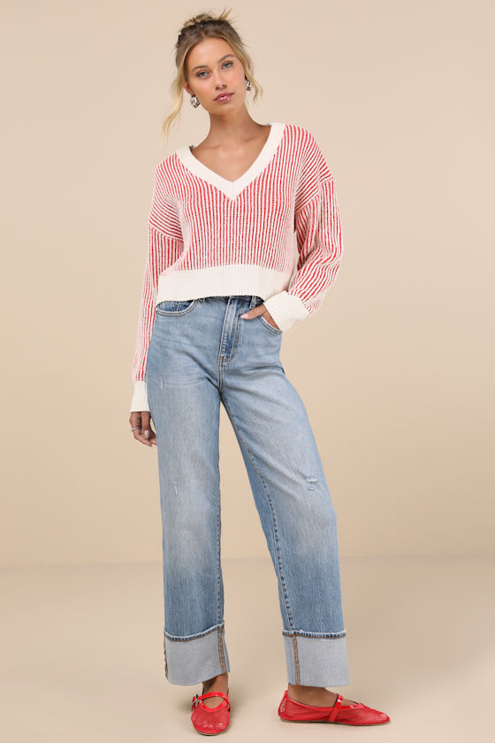 Lulus Attractively Cozy Red And White Striped V-neck Pullover Sweater In Red And White