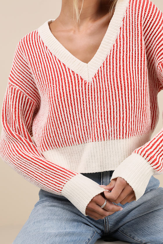Lulus Attractively Cozy Red And White Striped V-neck Pullover Sweater In Red And White
