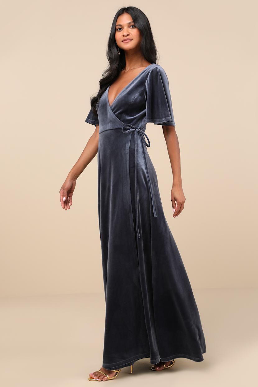 short sleeve velvet wrap dress Flutter Half Sleeve Velvet Wrap Dress S / Rust