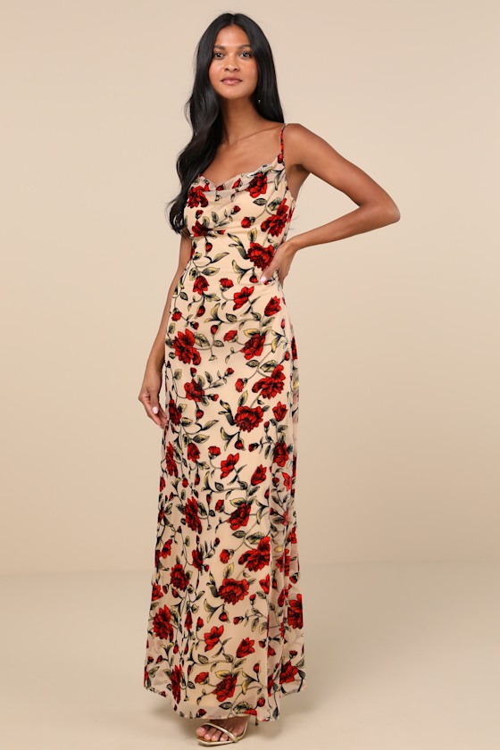 Lulus Romance In The Making Beige Floral Print Velvet Maxi Dress In Beige