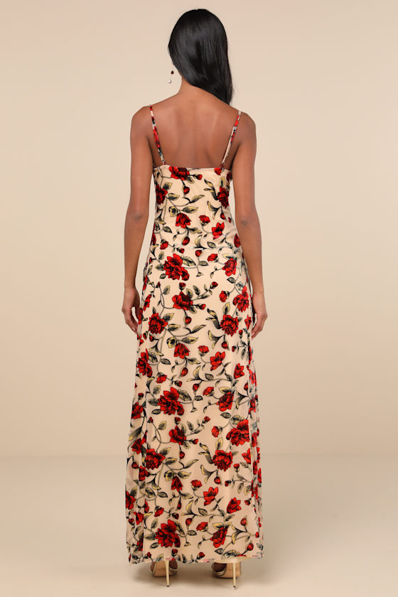 Lulus Romance In The Making Beige Floral Print Velvet Maxi Dress In Beige