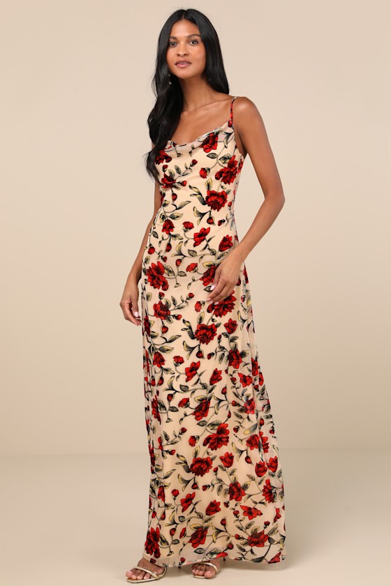 Lulus Romance In The Making Beige Floral Print Velvet Maxi Dress In Beige