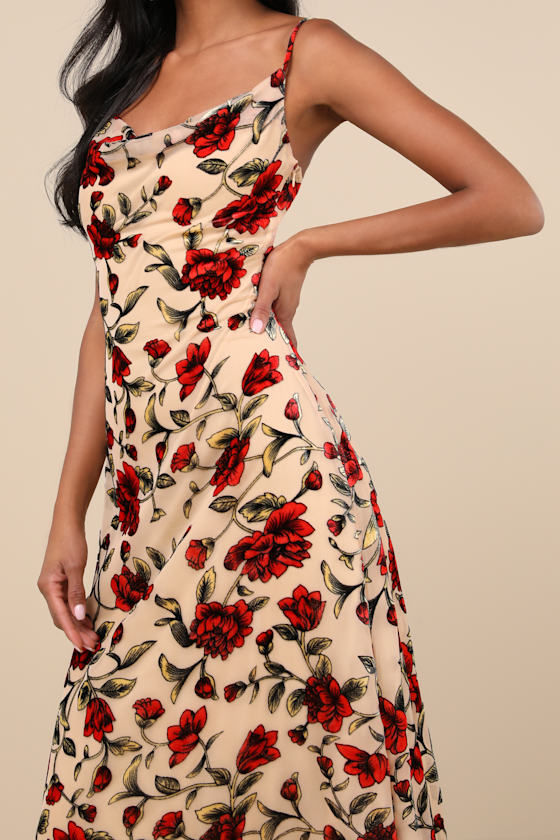 Lulus Romance In The Making Beige Floral Print Velvet Maxi Dress In Beige