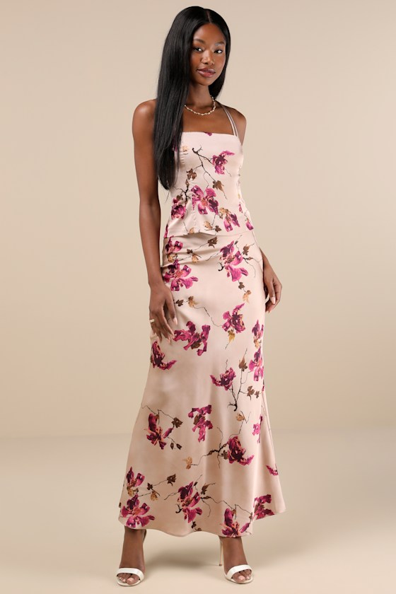 LULUS CAPTIVATING ELEMENT MAUVE PINK FLORAL PRINT SATIN MAXI SKIRT
