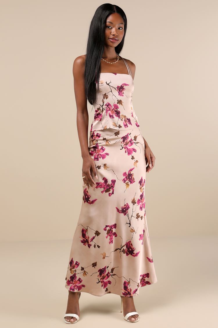 Captivating Element Mauve Pink Floral Print Satin Maxi Skirt