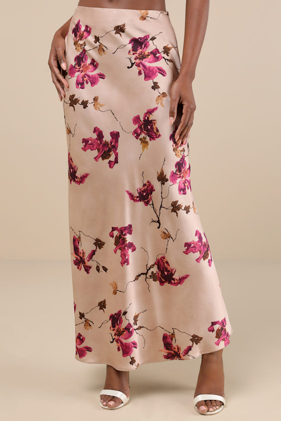 LULUS CAPTIVATING ELEMENT MAUVE PINK FLORAL PRINT SATIN MAXI SKIRT