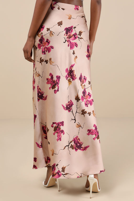 LULUS CAPTIVATING ELEMENT MAUVE PINK FLORAL PRINT SATIN MAXI SKIRT