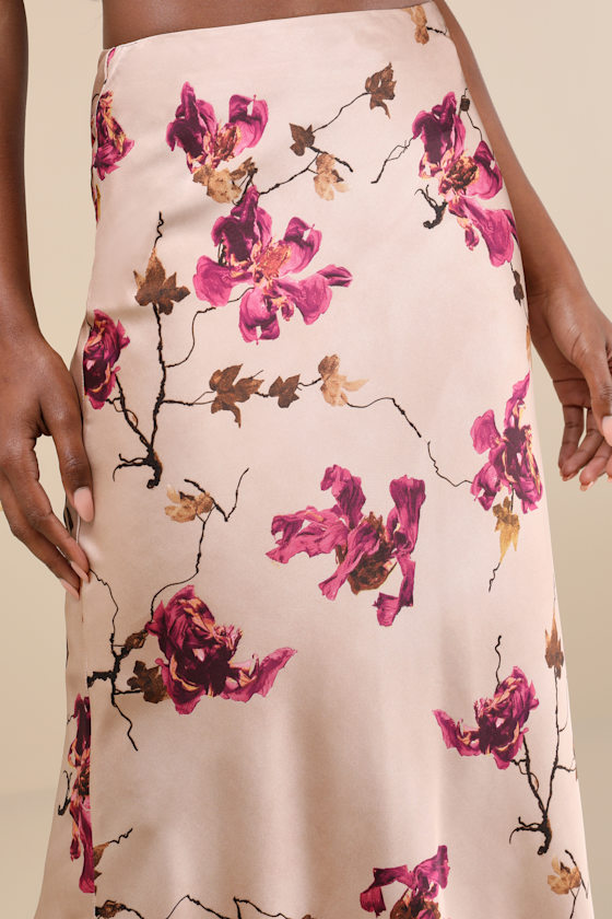 LULUS CAPTIVATING ELEMENT MAUVE PINK FLORAL PRINT SATIN MAXI SKIRT