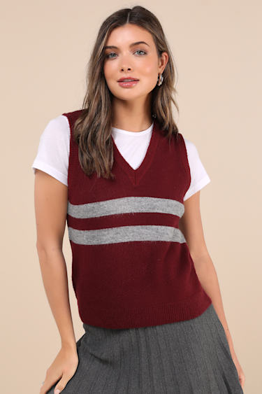 Guria Maroon and Grey Striped Sweater Vest