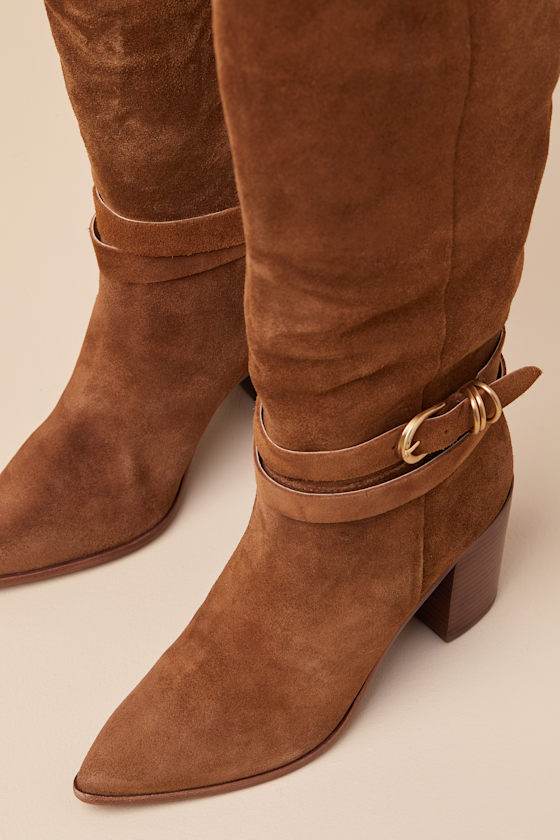 Dolce Vita Tyrone Wide Calf Brown Suede Buckle Pointed-toe Knee-high Boots In Brown