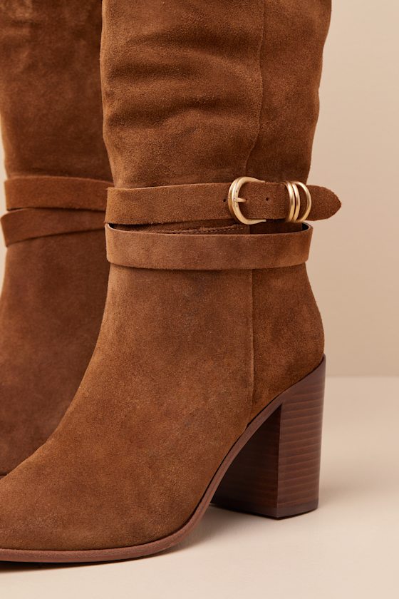 Dolce Vita Tyrone Wide Calf Brown Suede Buckle Pointed-toe Knee-high Boots In Brown