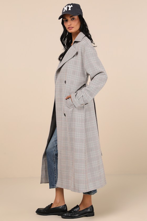Grey Plaid Belted Coat - Plaid Trench Coat - Double Breasted