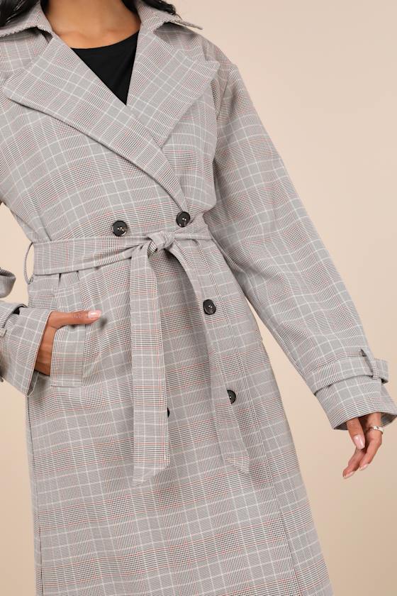 Lulus Elevated Weather Grey Plaid Belted Trench Coat In Grey