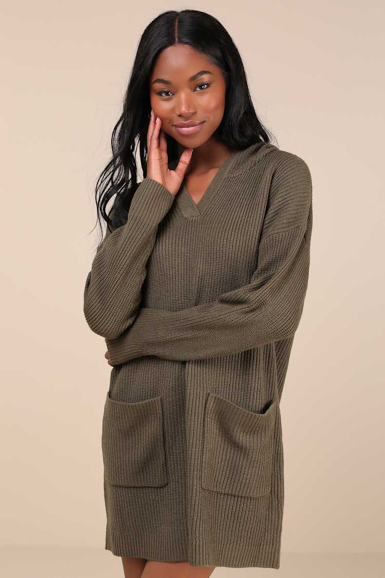 Olive Green Dress - Hooded Mini Dress - Mini Sweater Dress - Lulus