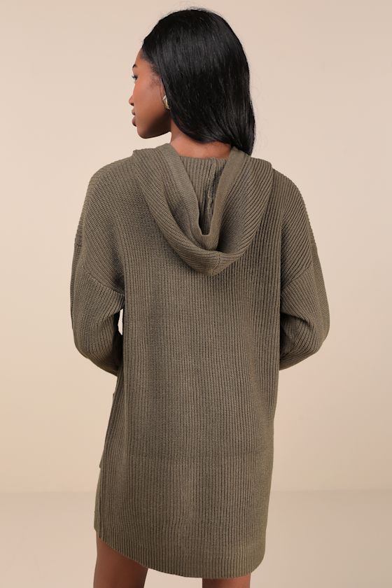 Lulus Cuddled Up Days Olive Green Hooded Mini Sweater Dress In Olive Green