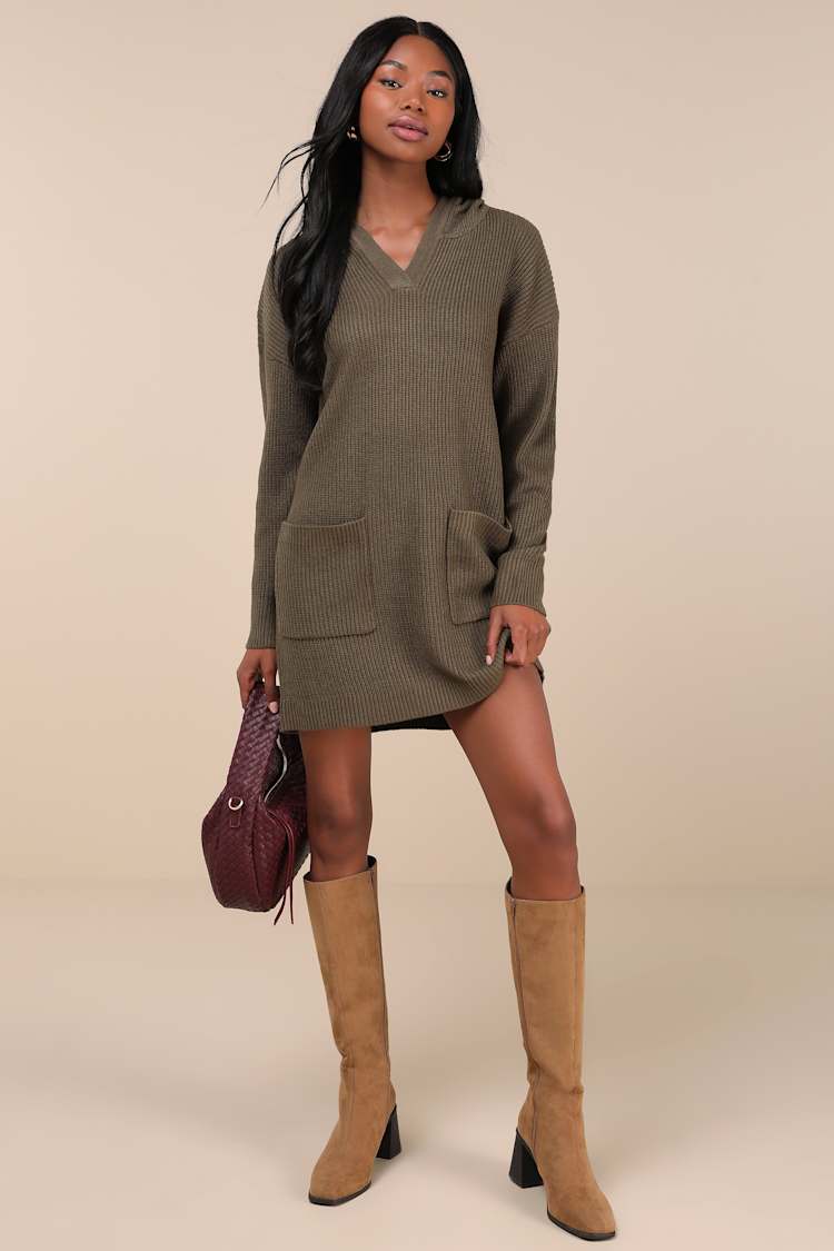 Olive Green Dress - Hooded Mini Dress - Mini Sweater Dress - Lulus