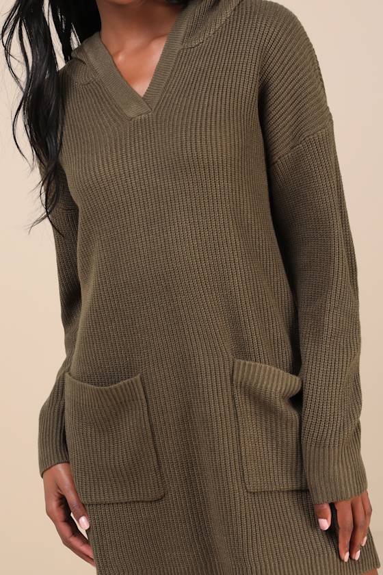Lulus Cuddled Up Days Olive Green Hooded Mini Sweater Dress In Olive Green