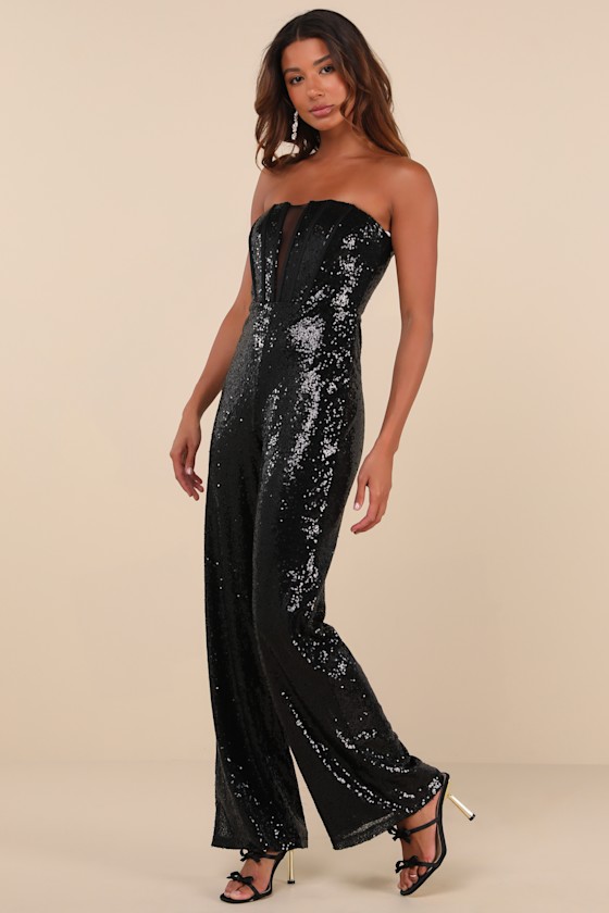 Lulus Glamorous Spirit Black Sequin Strapless Bustier Jumpsuit In Black