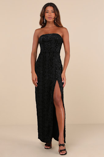 Chic Grace Black Velvet Floral Applique Strapless Maxi Dress 1