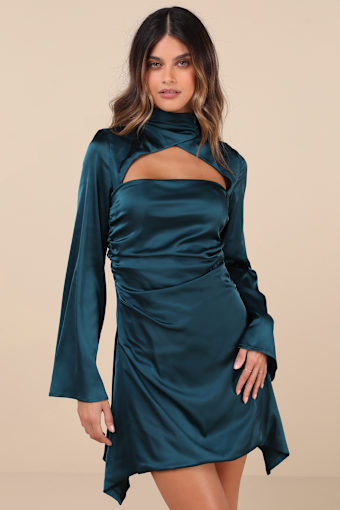 Sultry Elevation Dark Teal Satin Long Sleeve Cutout Mini Dress 1