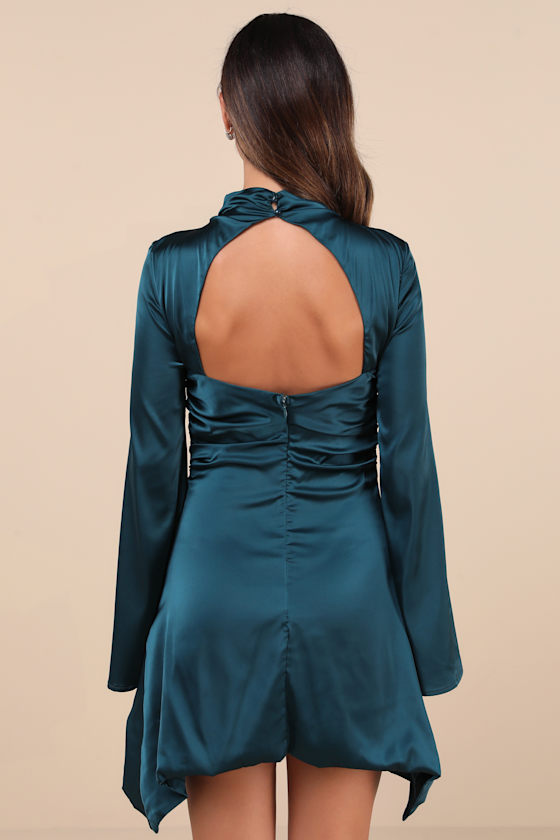 Lulus Sultry Elevation Dark Teal Satin Long Sleeve Cutout Mini Dress In Teal