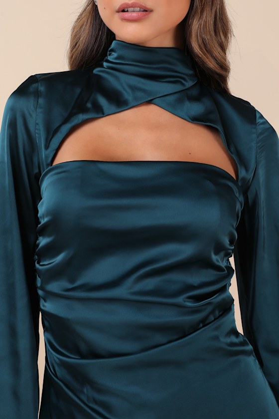 Lulus Sultry Elevation Dark Teal Satin Long Sleeve Cutout Mini Dress In Teal