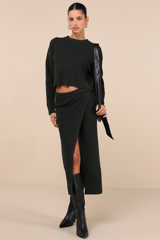 Lulus Autumn Sweetheart Dark Green Waffle Knit Two-piece Sweater Dress In Dark Green