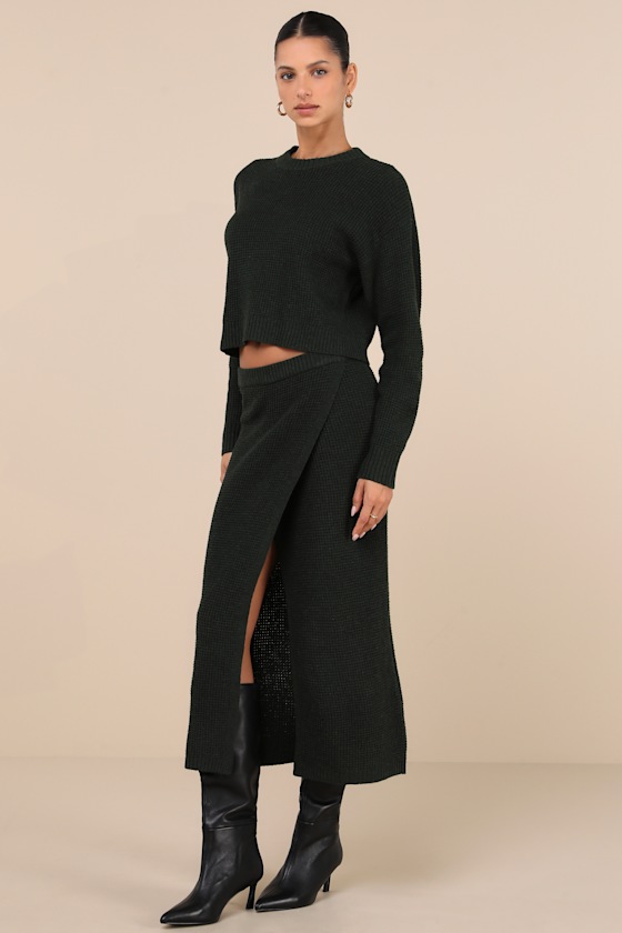 Lulus Autumn Sweetheart Dark Green Waffle Knit Two-piece Sweater Dress In Dark Green