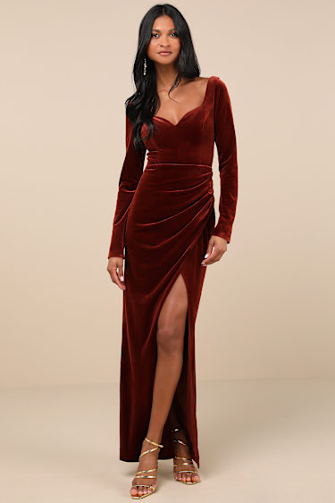 rust brown formal dress Rust Formal Dress Elegant V-Neck A Line Slit Stretch Satin Long Formal Dress