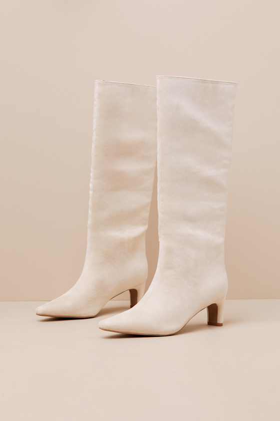 Lulus Veronna Light Nude Suede Pointed-toe Knee-high Boots In White
