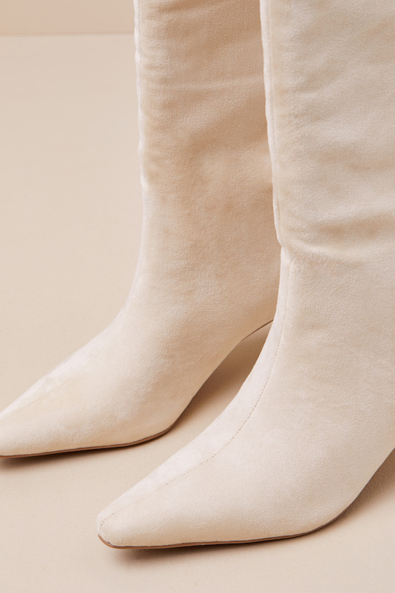 Lulus Veronna Light Nude Suede Pointed-toe Knee-high Boots In White