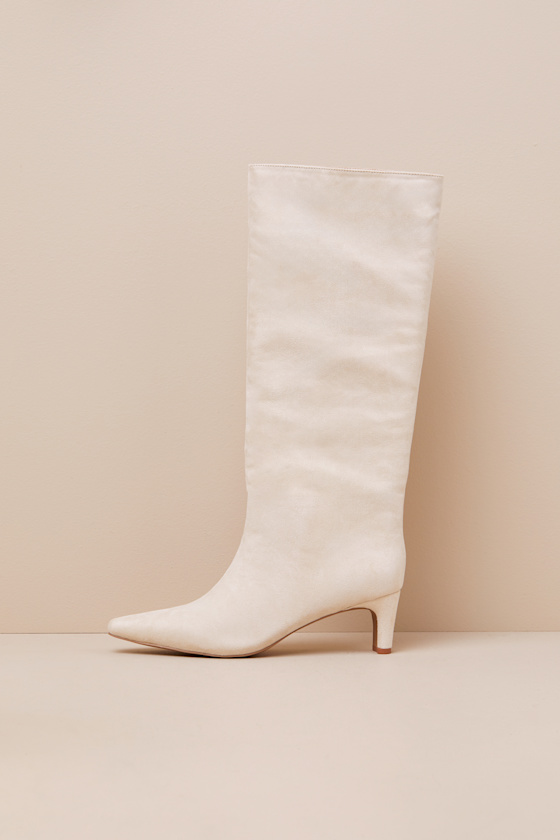 Lulus Veronna Light Nude Suede Pointed-toe Knee-high Boots In White
