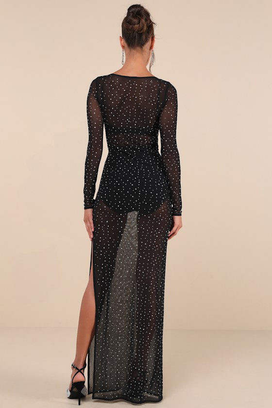 Lulus Daring Sparkle Black Sheer Mesh Rhinestone Maxi Dress In Black