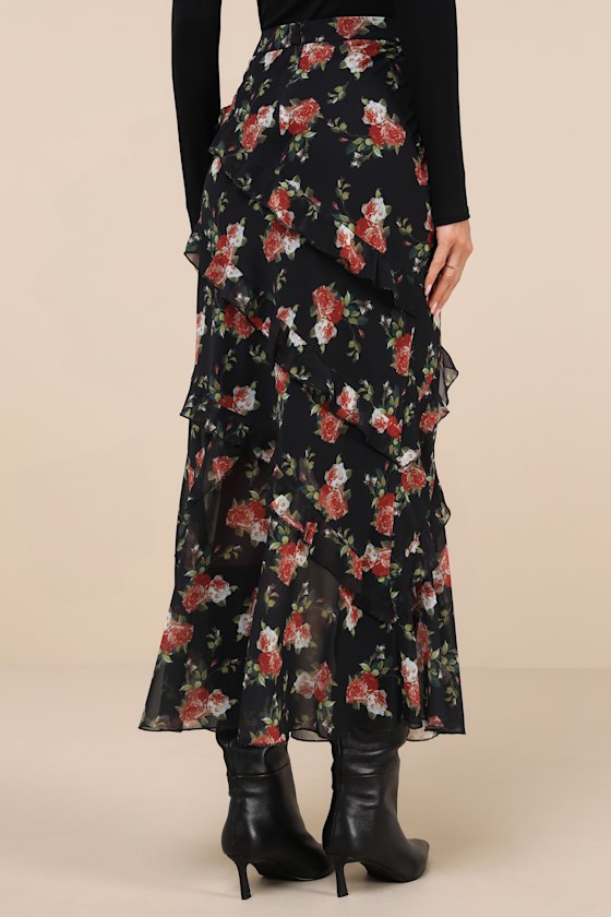 Black Floral Maxi Skirt - Ruffled Maxi Skirt - Column Maxi