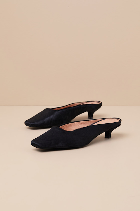 Matisse Classy - Black Calf Hair Mules - Black Kitten Heel