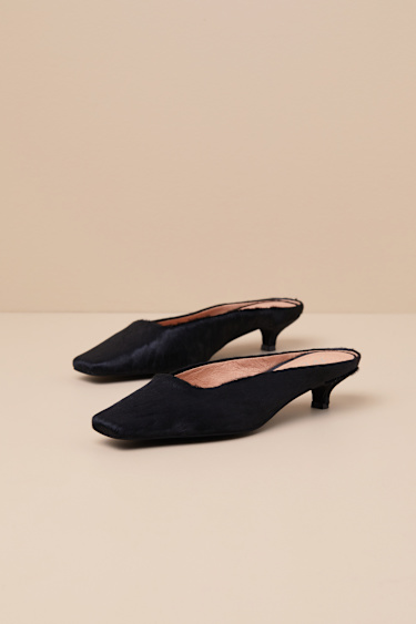 Classy Black Calf Hair Kitten Heel Mules