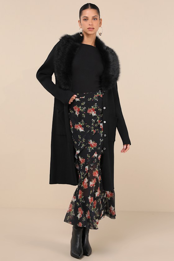 Lulus Effortlessly Lavish Black Ribbed Faux Fur Collared Coatigan In Black