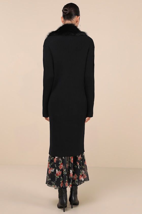 Lulus Effortlessly Lavish Black Ribbed Faux Fur Collared Coatigan In Black