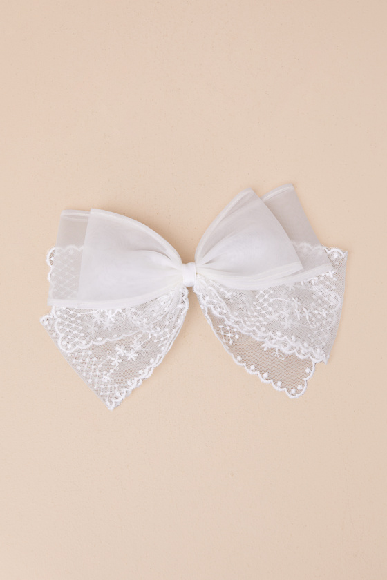 Precious Energy White Tulle Embroidered Hair Bow Barrette 1