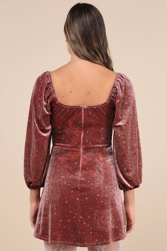 Lulus Adored Perfection Mauve Floral Velvet Balloon Sleeve Mini Dress In Mauve