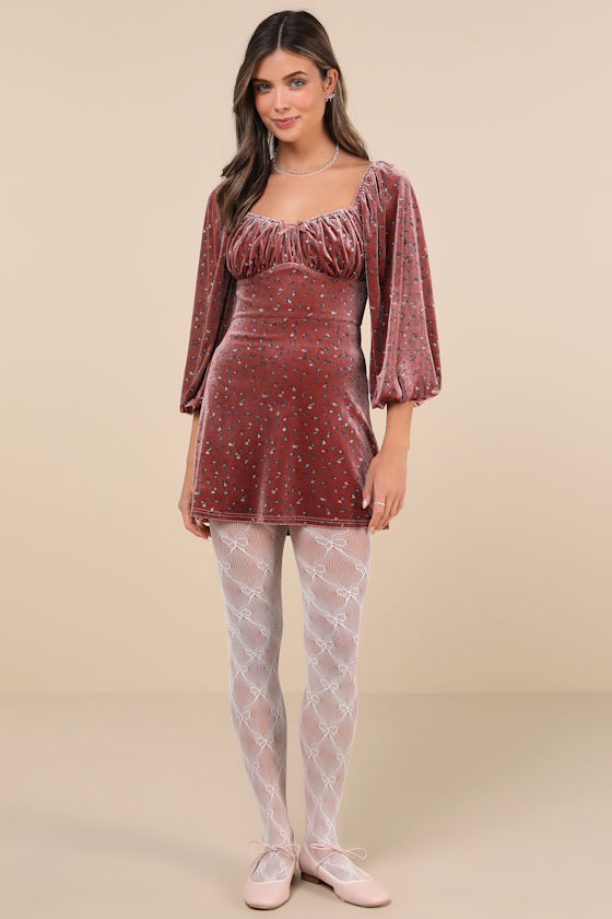 Lulus Adored Perfection Mauve Floral Velvet Balloon Sleeve Mini Dress In Mauve