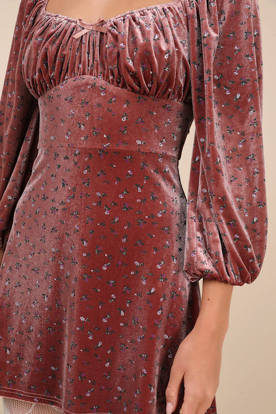 Lulus Adored Perfection Mauve Floral Velvet Balloon Sleeve Mini Dress In Mauve