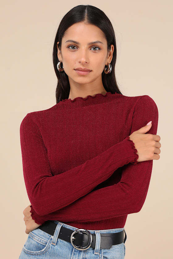 Lulus Charmed Vibes Burgundy Ribbed Lettuce Edge Long Sleeve Top In Burgundy