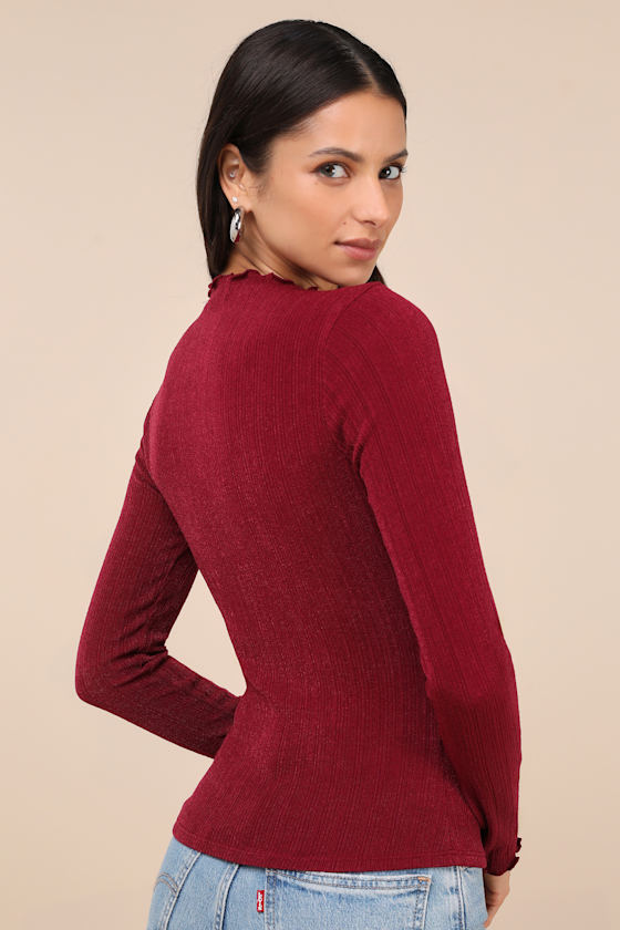Lulus Charmed Vibes Burgundy Ribbed Lettuce Edge Long Sleeve Top In Burgundy