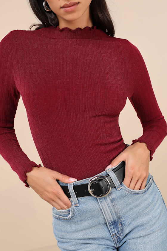 Lulus Charmed Vibes Burgundy Ribbed Lettuce Edge Long Sleeve Top In Burgundy