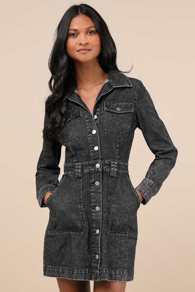 Washed Black Denim Dress Mini Denim Dress Long Sleeve Dress