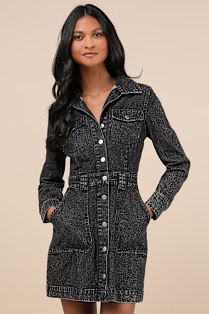 Washed Black Denim Dress - Mini Denim Dress - Long Sleeve Dress - Lulus