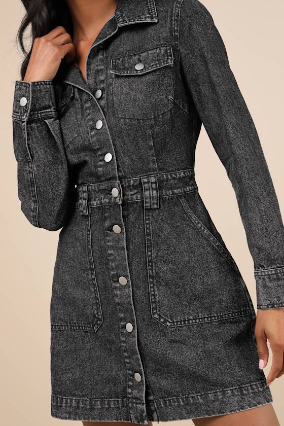 Lulus Notoriously Cool Washed Black Long Sleeve Denim Mini Dress In Black